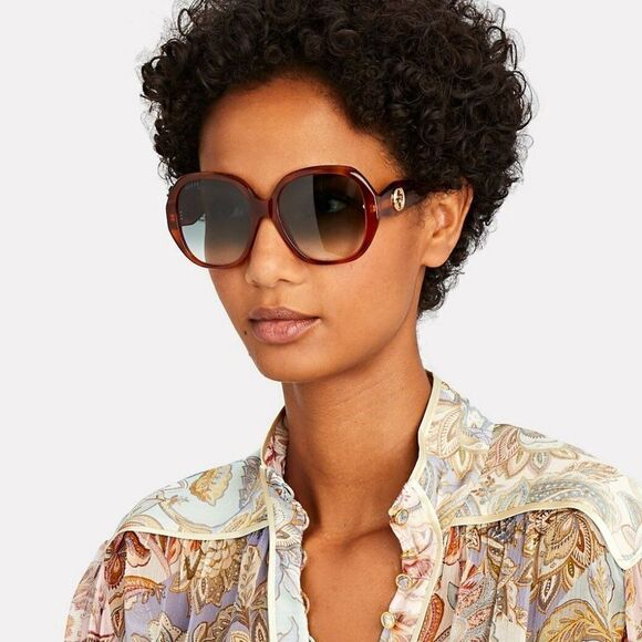 NEW GUCCI LOGO GG0796S 003 Havana Gray Gradient Geometric Women Sunglasses - Picture 1 of 12